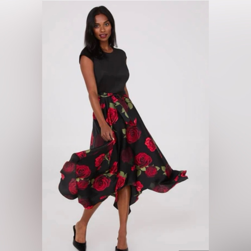 Scuba midi dress with printed satin skirt with belt